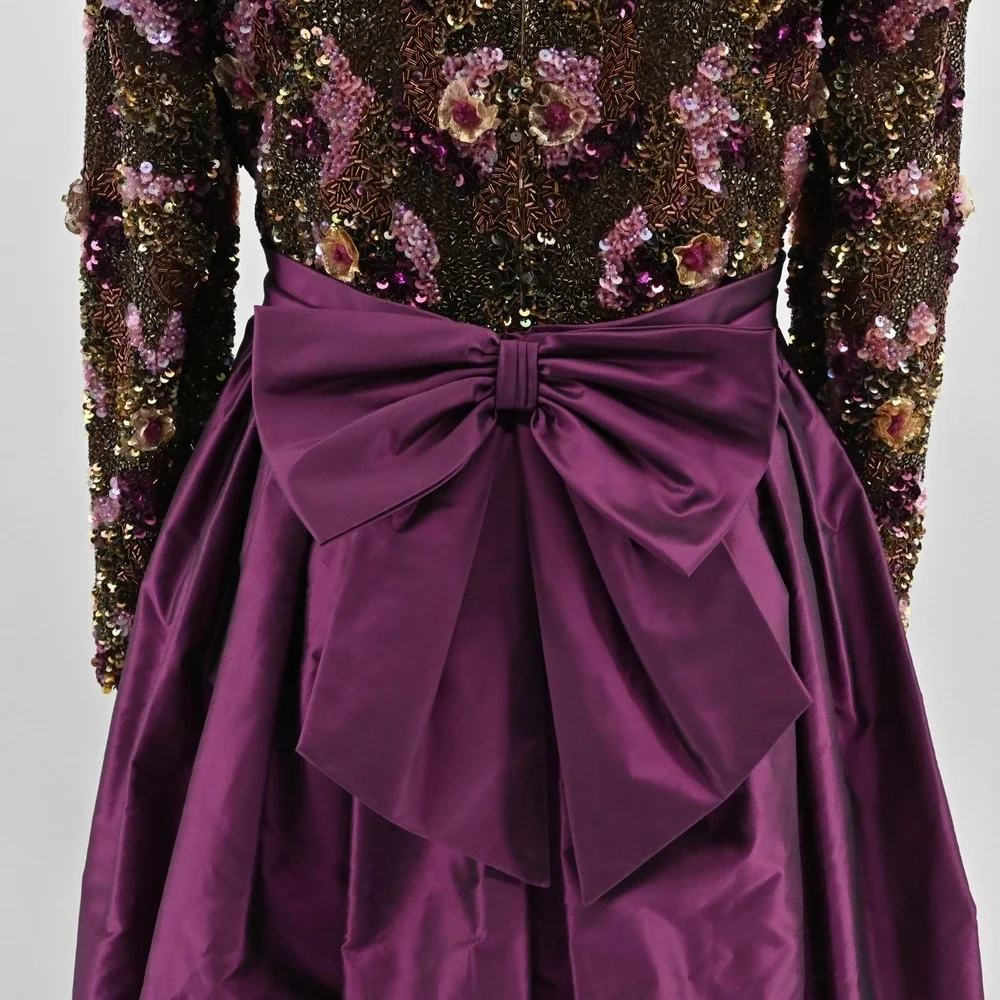 Victoria Royal Beaded Dress Womens 10 Silk Gown‎ Purple Taffeta Bow Vintage 60s